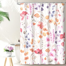 QiyI - Cortina de ducha floral de acuarela, cortina de baño de flores rosadas, decoración del hogar, lavable a máquina, cortina de baño de tela roja y morada, impermeable, con ganchos, 72 x 78