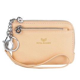 Royal Bagger RFID Coin Purse with Keychain, Genuine Leather Multi Zipper Clutch Wallet, Portable Wristlet Card Holder (Bubble Pink)