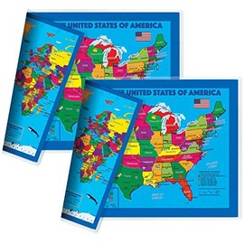 2-Sided Desk Map with Durable Lamination (2 Children's Desk Maps: US Map/US Centered World Map)