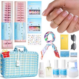 Beetles X Press Plus-Lite Kit French Tips Square Almond French Tip Press on Nails with Nail Glue Builder Top Coat Squoval Press on Nails DIY Manicure Gift for Women #TikTokShopBacktoSchool:_Summer Pretty-S-Square-PINK-Kit-w/UV Lamp-Hand&Toe
