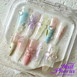 NailPhoria MID-FALL Collections 10PCS Handmade Press On Nails REUSABLE 3D GEL / Acrylic FALL 2024 - Design: Bubbly Bloom, Nail Bed Size: M