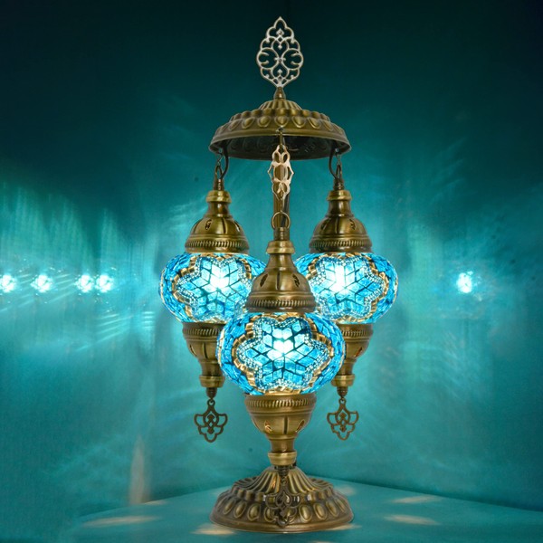mozaist Moroccan Handmade Mosaic Table Lamp, Turkish Vintage Boho Style Desk Light, 3 Globe Bedside Country Décor for Home Lighting, Rural Authentic Unique Gift with US Plug & E12 Socket (Sea Blue)