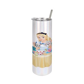 Lunarable Alice in Wonderland 20 Oz Skinny Tumbler, Girl Pours Cup of Tea Cupcakes Flowers in Fantasy Land Trippy, Leak-Proof Straw Lid and Brush Vacuum Insulated for Outdoor Use, Ivory