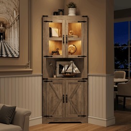 GarveeHome 67" Tall Corner Storage Cabinet with Lights, Farmhouse Corner Hutch Display Cabinet with Glass Doors, Wooden Storage Organizer for Kitchen, Living Room, Bathroom, Washed Grey
