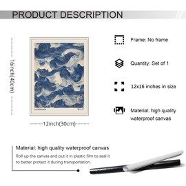 rumlud - Póster de ondas azules japonesas clásico oriental de Japandi Wabi Sabi con diseño abstracto de ondas gigantes, para decoración minimalista de pared de sala de estar, 12 x 16 pulgadas, sin