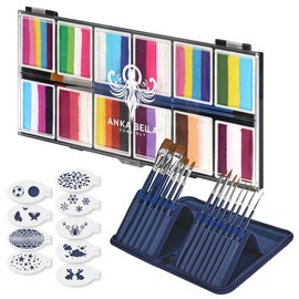 Professional Face Painting Kit for Kids,12X10gm Water Activated Rainbow Cake Face Paint with Stencil & Brushes,Hypoallergenic & Non-Toxic,Gift for Birthday Parties/Halloween/Carnival