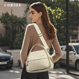 CORIOS Oxford Handbag for Women Waterproof Shoulder Crossbody Bag Casual Lightweight Top Handle Bag Multi Pockets Messenger Hobo Bag Travel Shopping Work Tote Beige