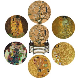 ADPON Absorbent Ceramic Coasters for Drinks with Cork Base Art Coasters Set of 6 - Use 6 Famous Paintings, Unique Housewarming Gifts for Home Decorative (Gustav Klimt - Life)