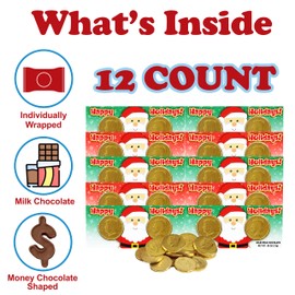 Christmas Chocolate Coins Money Holder Cards for Cash, 12 Pack, Stocking Stuffer Gift, Addressable Holiday Gifting Money Cards for Kids, Red and Greens Colors, Fun Xmas Cash Gift with Half Dollar Gold Foiled Chocolate Coins, Santa Design Decor