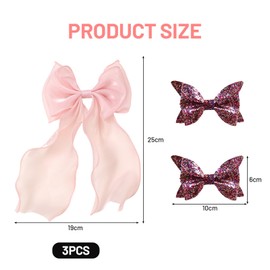 atnayo 5 Pcs Pink Hair Bow Set, 3 Mesh Ribbon Long Tail Large Bows Clip 2 Sequined Bow Hair Clip for Woman Girl (Pink)
