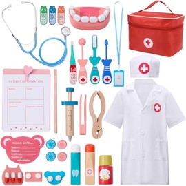 SlowTon Juego de Doctor para Niños Niñas, 30 Piezas Kit de Médico de Simulación, con Disfraz de Doctor, Estetoscopio Funcional y Bolsa de Transporte, 