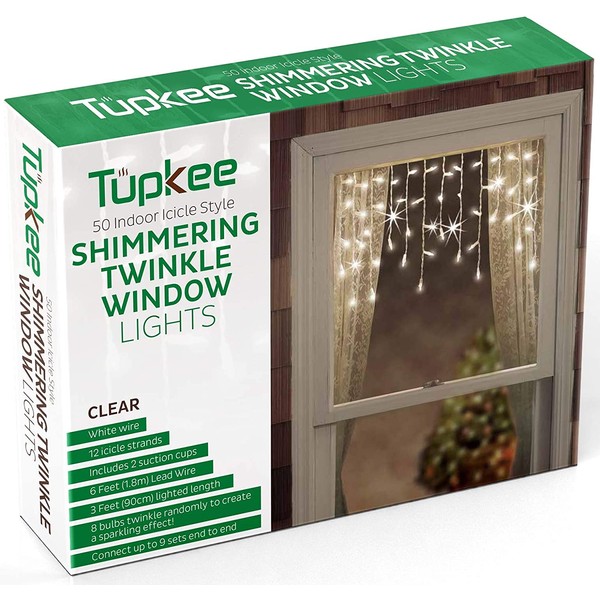 Tupkee Twinkle Window Icicle Lights, 3 Feet (0.91 m), 50 Clear Incandescent Christmas Indoor Twinkle Icicle Lights