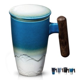 suyika Tomotime Ceramic Tea Cup with Infuser and Lid Tea Mugs Wooden Handle 400ml/13.5oz (Cyan blue)
