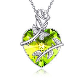 DAYLINLOVE Birthstone Necklace 925 Sterling Silver Rose Flower Heart Pendant Necklace Birthstone Jewellery with Crystal Gifts for Women Wife Mom Girlfriend (08-Aug - Peridot)