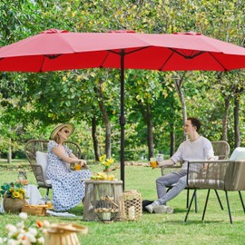 Yaheetech 15 ft Triple-size Patio Umbrella w/Base Included - Market Extra-Large Double Sided Umbrella - Twin-size Patio Parasol w/Easy Crank & 12 Strong Ribs & Ventilation Openings, Red