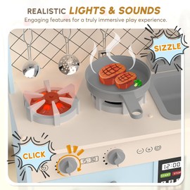 BIERUM Play Kitchen with Realistic Lights & Sounds, Wooden Kitchen Playset Chef Pretend Play Set for Toddlers, Toy Kitchen with 26 Pcs Toy Food & Cookware Accessories, Gift for Ages 3+