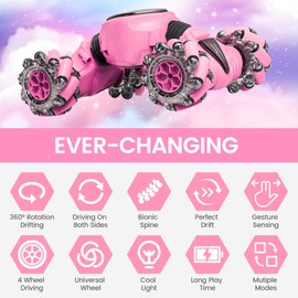 Tecnock Remote Control Car RC Cars for Girls, 2.4GHz 4WD Gesture Sensing RC Stunt Car Toys - 360° Rotating Double Sided Hand Controlled RC Car with Lights, Gifts for Kids, Pink