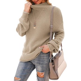 YUNDAI Womens Jumpers Turtleneck Batwing Long Sleeve Loose Oversized Sweater Knitted Pullover Solid Color Chunky Tops for Winter, X-Large Khaki