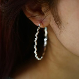 Silver Large Hoop Earrings | Crystal Rhinestone Wave Big Silver Hoop Earrings for Women Bling Diamond Hoop Earring with 925 Sterling Silver Post, Diamemer 50mm