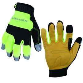 RAMHORN SAFETY Hi-ViZ Reflective Work Gloves Men And Women Utility Mechanic Working Gloves Touch Screen Flexible Breathable Palm Part leather Gloves (Green, L)