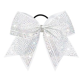 DEEKA 1 PCS 8" Large Glitter Cheer Bows with Iridescent Rhinestones Colorful Stiff Hair Elastic Band Ponytail Holder for Cheerleader Girls Sports (White)