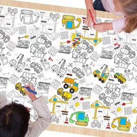 1 Pack Construction Coloring Table Cloth for Kids - Giant Construction Theme Color-in Paper Poster, Dump Truck Painting Activity Tablecloth for Construction Birthday Party Supplies Favors, 54 x 108 In