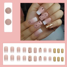 YoYoee Medium Square False Nails Daisy Press on Nails Gradient Fake Nails Glitter Stick on Nails for Women and Girls 24PCS