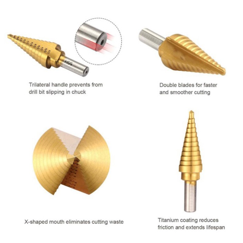 6Pcs Titanium Plated Step Drill Bit Center Punch Straight Flute