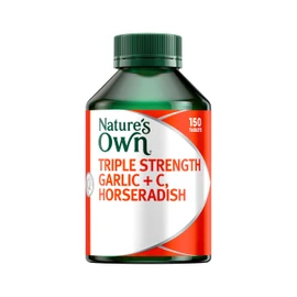 Nature's Own Garlic + Vitamin C, Horseradish, Fenugreek & Marshmallow, Triple strength Tablets 150 - Reduces Duration & Severity of Common Cold Symptoms - Traditionally Used to Relieve coughs