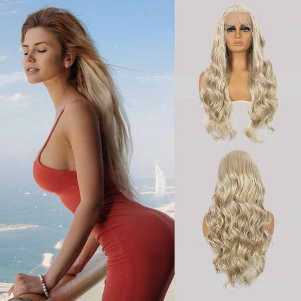Salomezklm Blonde Wig Ombre Blonde Lace Front Wig for Women, Long Wavy Curly Synthetic Lace Front Blonde Wigs with Pre-Plucked 24 Inches