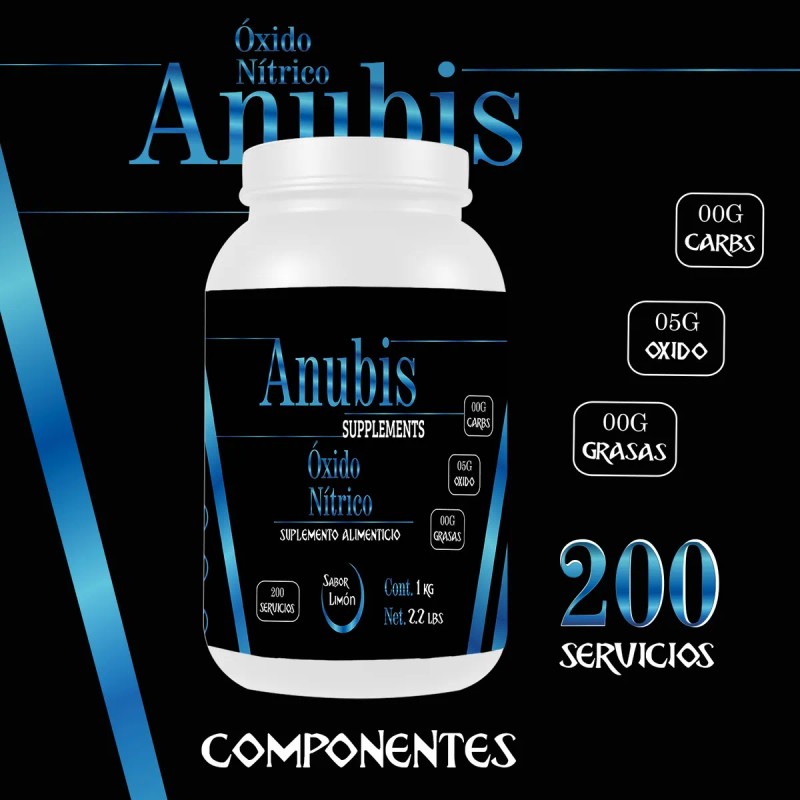 Óxido Nítrico Polvo Anubis 1kg Pre Entreno 200 Servicios Limón
