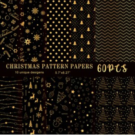 MIAHART 60 Pieces Merry Christmas Pattern Paper Set 10 Designs Festival Craft Paper for Card Making Scrapbook (Black & Gold, A5)