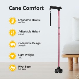 Rehaescort Walking Cane for Men & Women - Folding, Adjustable, Lightweight, Walking Canes for Seniors Balance, Free Standing, Pivot Tip, Soft Handle, Foldable Walking Sticks with Travel Bag (Pink)