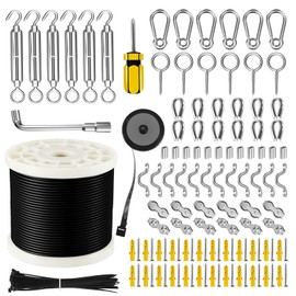WAYSKA String Light Hanging Kit with 250FT Nylon Coated Stainless Steel 304 Wire Rope Cable Suspension Kit Included Enough Accessories, Turnbuckles and Hooks for Patio, Outdoor and Backyard Lighting