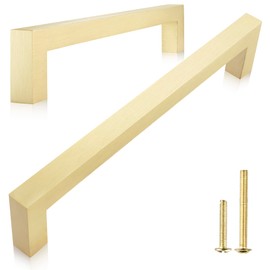 QOGRISUN 5-Pack Solid Brass Cabinet Pulls, Gold Square Drawer Handles, 6-1/4-inch Hole Center Kitchen Hardware for Dresser, Cupboard, Brushed Brass Finish