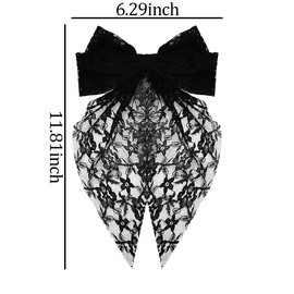 Big Lace Hair Bow with Long Tail Black Bow Hair Barrettes Hair Clips for Women Bow-Knot Headwear Large Bow Clips for Thick Thin Hair Ribbon Bows Hair Pins Hairpins Ponytail Holders
