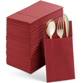 Disposable Linen-Feel Dinner Napkins With Built-in Flatware Pocket, 50-Pack BURGUNDY Prefolded Cloth Like Paper Napkins For Wedding, Dinner Or Party