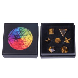 Rockcloud Tiger's Eye Stone Platonic Solids Sacred Geometry with Merkaba Star Set, Healing Crystal Faceted Gemstones for Meditation Reiki Balancing, Pack of 7