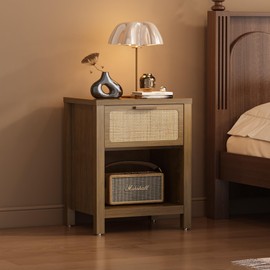 YAUKOMEL Rattan Nightstand, Mid Century Modern Bedside Table with Opening Storage,Large Side Table with Drawer,Boho Night Stand,Wooden End Table,Handmade Solid Wood Handle,Walnut CTG65BR