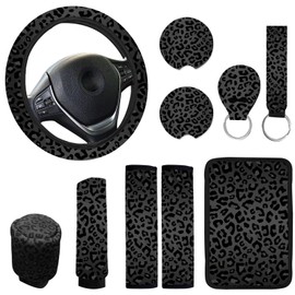 10 Pieces Leopard Print Car Steering Wheel Cover Center Console Armrest Pad Headrest Seat Belt Cover Handbrake Cover Keychain Coaster Full Set Car SUV(Leopard Print
