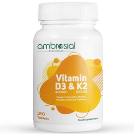Ambrosial Vitamin D3 & K2 Tablets 4000IU Vitamin D3 + 100µg Vitamin K2 MK-7 for Healthy Bones, Muscles, and to Support The Immune System - 120 Tablets