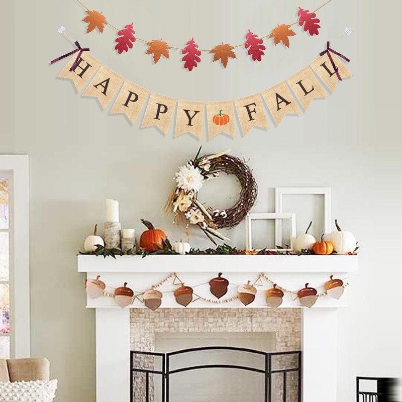 Uniwish Happy Fall Banner with Pumpkin Maple Leaves Sign Garland