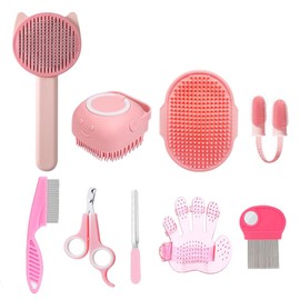 9PCS Cat Grooming Kit, Self-Cleaning Brush Removes Loose Hair, Pet Bath Brush, Massage Glove, Nail Clipper, Flea Comb (9PCS)