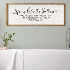 Foutcheou Life Is Like The Bathroom Funny Wall Art Sign 32"×12" for Bathroom Restroom Toilet Shelves Cute Wooden Framed Wall Decor (Wood)