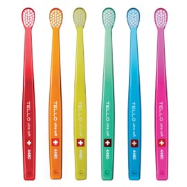 TELLO 4480 Adult or Child Ultra Soft SwissToothbrush with Smaller Head for Gentle Cleaning with Ergonomic Handle, 6 Count