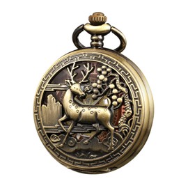 TREEWETO Unisex Pocket Watch Mechanical Double Cover Reindeer Deer Luminous Skeleton Steampunk for Men Women, bronze, Classic