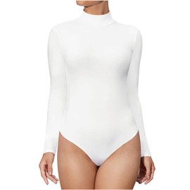 SHEIUGU Mock Neck Turtleneck Long Sleeve Bodysuits for Women Basic Ribbed Bodysuit (Long Sleeve White,Medium)
