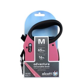 Alcott Adventure Retractable Reflective Belt Leash, 16' Long, Medium for Dogs Up to 65 lbs, Pink with Black Soft Grip Handle,RLSH AA MD PK