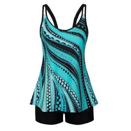 Arolina Plus Size Bathing Suits for Women Tummy Control Tankini with Boyshort Summer Blue Ripples Print Elegant Swimsuits 18W