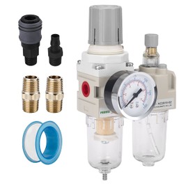 PUDUSI 1/4" NPT Compressed Air Filter Regulator Lubricactor Combo, Air Compressor Water Separator, 0-150 psi Gauge, 5 Micron Brass Element